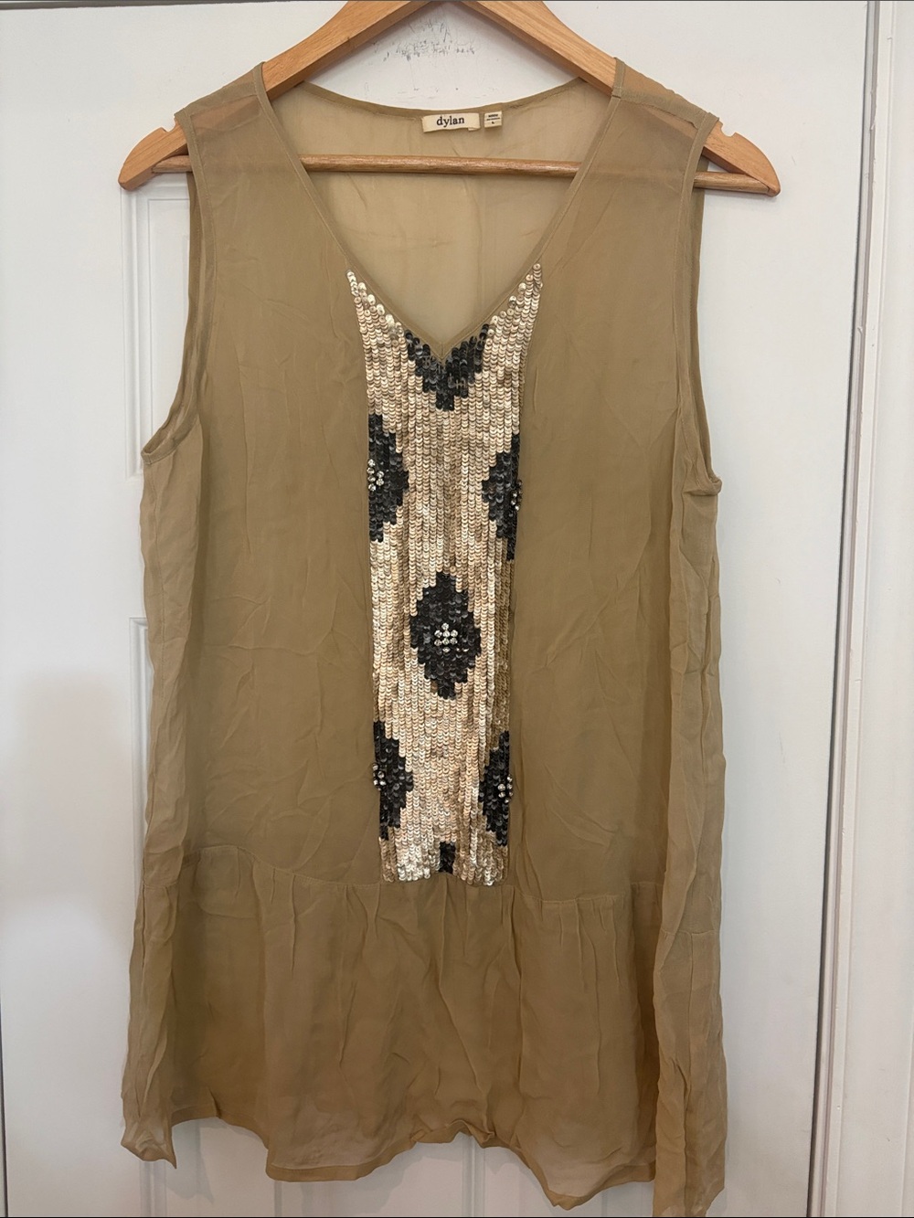 Dylan by True Grit Sequin/Rhinestone Embellished Tank Top Earthy Beige Boho Sz L